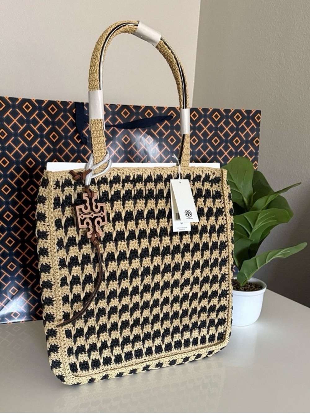 Tory Burch Black & Natural Crochet Raffia Tote with Logo Charm